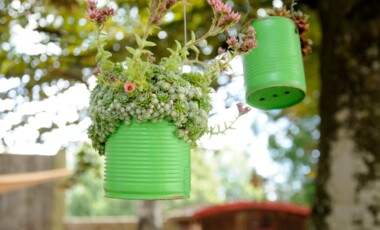 Hängende Blumentöpfe aus grünen Blechdosen bepflanzt mit roten und weißen Blumen
